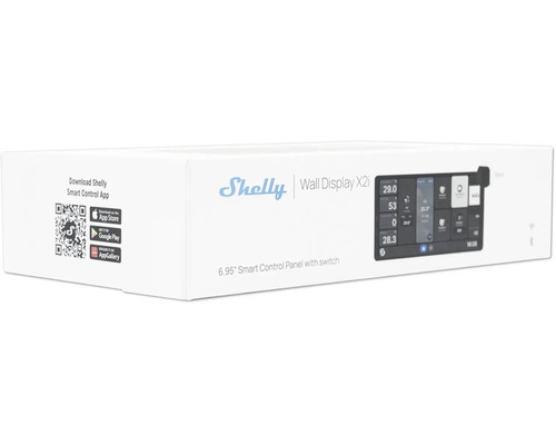 Produktverpackung des Shelly Wall Display X2i, 6,95 Zoll Smart Control Panel mit Schalter.