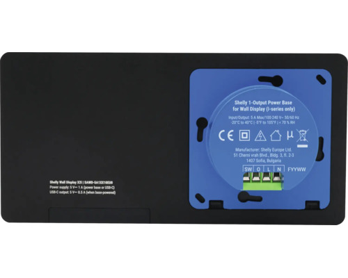 Rückseite eines Shelly Wall Displays mit integriertem Power Base Modul, elektrischen Anschlussklemmen und technischen Angaben.