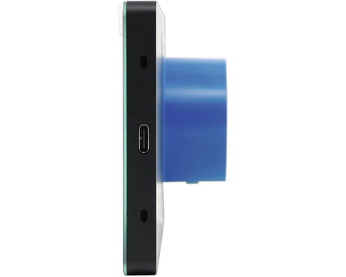 Seitenansicht eines flachen elektronischen Geräts mit USB-C-Anschluss und blauer Montageeinheit.