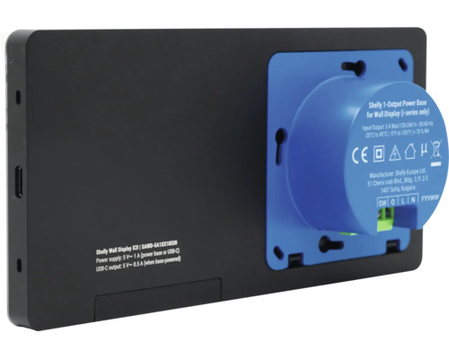 Rückseite eines schwarzen Shelly Wall Displays mit blauer Unterputz Stromversorgungseinheit für die Smart Home Steuerung.