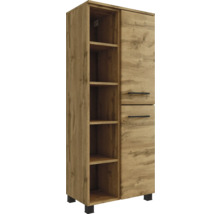 Hochschrank in Eichenoptik mit offenem Regal links und zwei Türen rechts mit schwarzen Griffen.