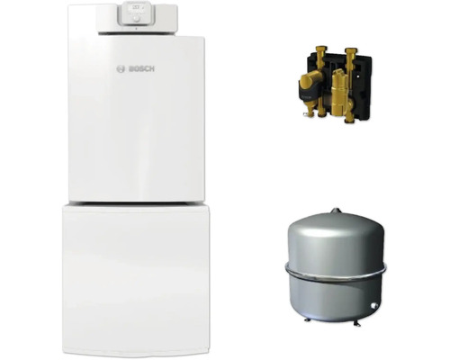Bosch Logo, weißes Heizsystem mit Anschlussset, Messingventilen und grauem Ausdehnungsgefäß.