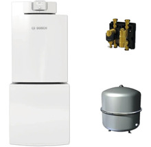 Bosch Logo, weißes Heizsystem mit Anschlussset, Messingventilen und grauem Ausdehnungsgefäß.