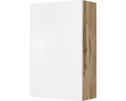 Wandschrank mit weißer Front und Korpus in Holzoptik.