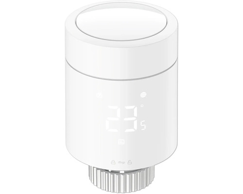 Elektronisches Heizkörperthermostat mit digitaler Anzeige von 23,5 Grad und Funktionssymbolen.