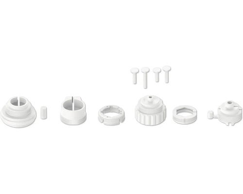 Weißes Set aus Kunststoffteilen für Armaturen mit Gewinderingen, Kappen und Befestigungsstiften.