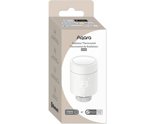 Aqara Heizkörperthermostat W600 Verpackung mit smartem Thermostat, digitaler Anzeige und Kompatibilitätshinweisen für Matter und Apple Home.