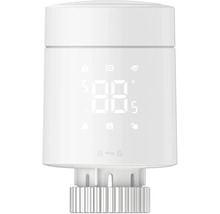 Elektronisches Heizkörperthermostat in Weiß mit digitaler Anzeige und verschiedenen Funktionssymbolen.