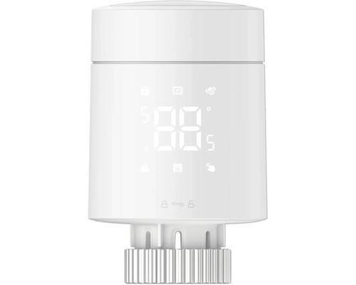 Elektronisches Heizkörperthermostat in Weiß mit digitaler Anzeige und verschiedenen Funktionssymbolen.