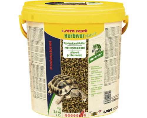 Sera Reptil Herbivor Nature professionelles Futter für pflanzenfressende Reptilien in gelbem Eimer mit 3,2 Kilogramm Nettoinhalt.