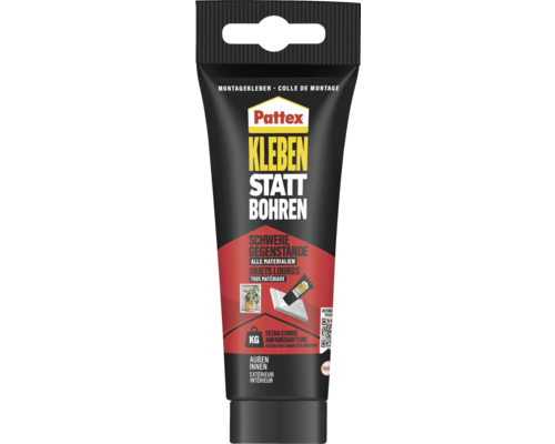 Pattex Montagekleber in einer schwarzen Tube mit der Aufschrift Kleben statt Bohren