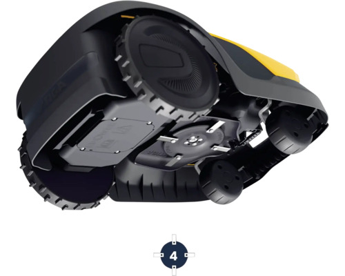 Unteransicht eines Rasenmähroboters mit Rädern und Messern