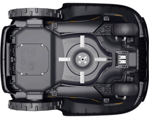 Unterseite eines Rasenmähroboters mit Schneidwerk und Rädern.