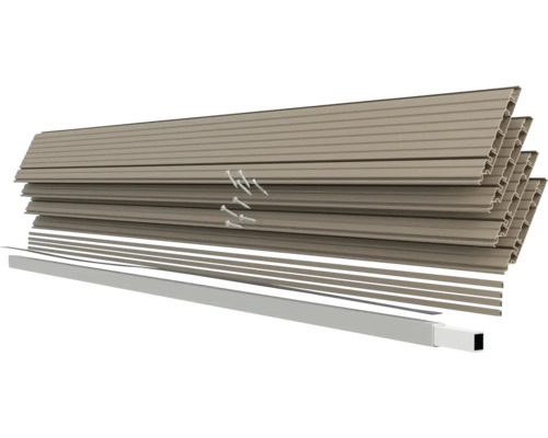 Komponenten eines Lamellenzauns mit Schrauben und Zubehör