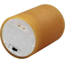 Dekorative LED-Kerze mit Batteriefach und Schalter an der Unterseite.