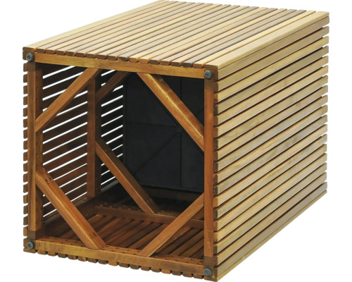 Holzbox mit Lamellenstruktur zur Aufbewahrung im Außenbereich