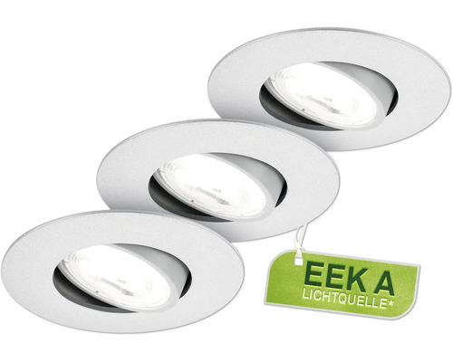Drei runde Einbaustrahler mit Energieeffizienzklasse A.
