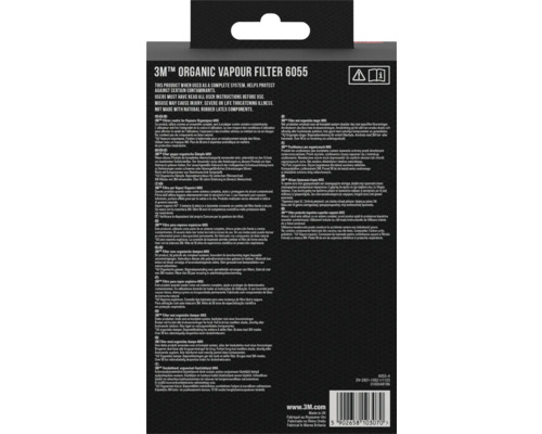 3M organischer Gasfilter 6055 mit Warnhinweisen und Informationen zu Produkteigenschaften