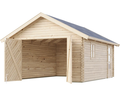 Holzgarage mit Doppeltür und Fenster