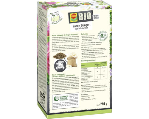 COMPO BIO Rosendünger mit Schafwolle, 750 Gramm Packung für gesunde Rosen und Blütensträucher
