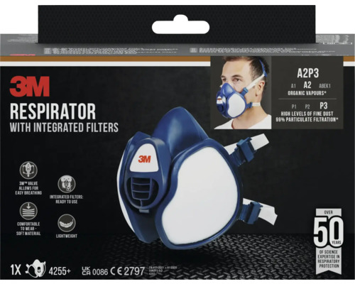 3M Atemschutzmaske mit integrierten Filtern, geeignet für organische Dämpfe und hohe Feinstaubkonzentrationen