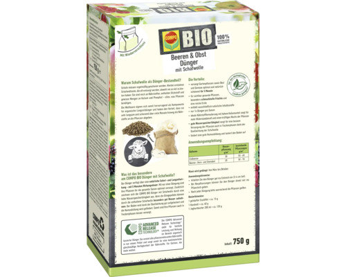 COMPO Bio Beeren und Obst Dünger mit Schafwolle, 750 Gramm Packung