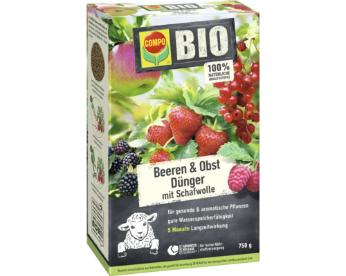 Compo Bio Beeren und Obst Dünger mit Schafwolle, 750 Gramm Packung