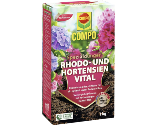 COMPO Spezialdünger für Rhododendren und Hortensien, 1 Kilogramm Packung