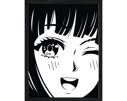 Gerahmtes Bild Manga Girl II 33x43 cm Gerahmtes Anime-Gesicht im Manga-Stil, Schwarz und Weiß