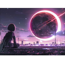 Illustration einer Frau, die auf eine Stadtlandschaft mit einem großen Mond schaut