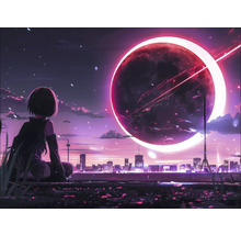 Illustration einer Person, die auf eine Stadtlandschaft unter einem großen Planeten blickt