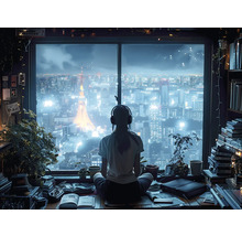 Eine Person sitzt vor einem Fenster mit Blick auf eine nächtliche Stadtansicht, umgeben von Pflanzen und Büchern.