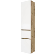 Hochschrank für das Badezimmer mit einer Tür und zwei Auszügen, Korpus in Holzoptik und weiße Fronten.