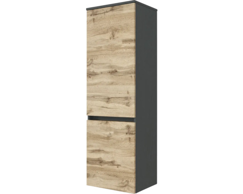 Badezimmer-Hochschrank mit zwei Türen in Eichen-Optik und anthrazitfarbenem Korpus.