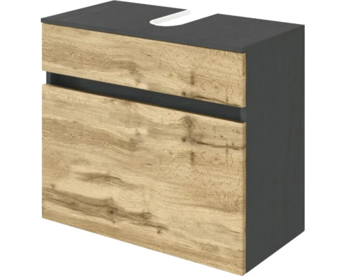 Waschbeckenunterschrank mit zwei Schubladen, anthrazitfarbenem Korpus und Front in heller Eichenoptik mit Siphonausschnitt.