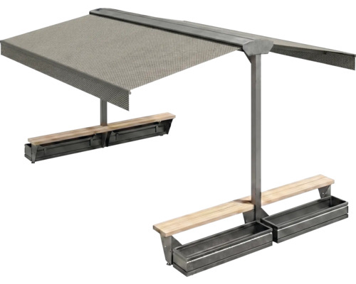 Sitzgruppe mit Markise, Bänken und Pflanzkästen für den Außenbereich