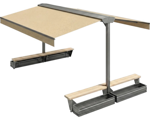 Überdachung mit Sitzgelegenheit und Pflanzkästen