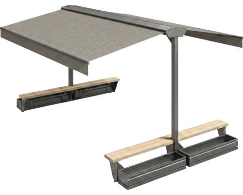 Sitzbank mit Sonnenschutz und Pflanzkästen