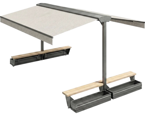 Sitzgruppe mit Sonnenschutz und integrierten Pflanzkästen