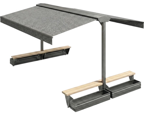 Sitzgruppe mit Sonnenschutz und integrierten Pflanzkästen