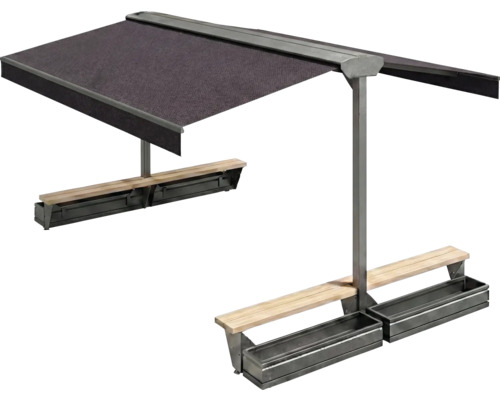 Freistehende Markise mit Sitzbank und Pflanzkästen für den Außenbereich.