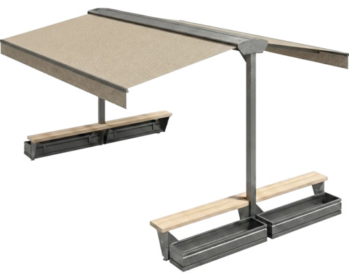 Gartengarnitur mit Markise, Sitzbänken und Pflanzkästen