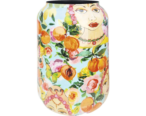 Blumenvase Frau Metall Ø 62 cm H 62 cm gelb Dekorative Vase mit Pfirsich-, Blumen- und Frauengesichtsmuster