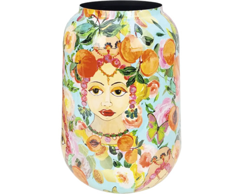 Blumenvase Frau Metall Ø 43 cm H 43 cm gelb Dekorative Vase mit Gesicht, Pfirsichen und Blumenmuster
