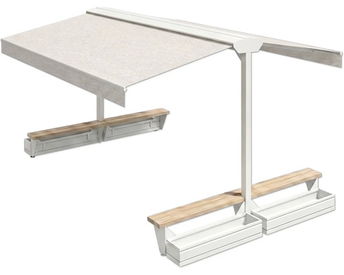 Sitzgruppe mit Sonnenschutzdach und Pflanzkästen für den Garten