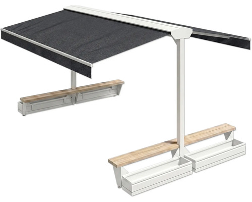 Freistehende Terrassenüberdachung mit Sitzbänken und Pflanzkästen