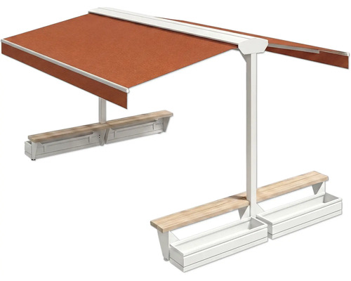 Freistehende Markise mit integrierten Bänken und Pflanzkästen für den Außenbereich