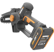 Worx Akku-Einhand-Astsäge in Schwarz und Orange mit 20 Volt Akku und 15 Zentimeter Schwertlänge.