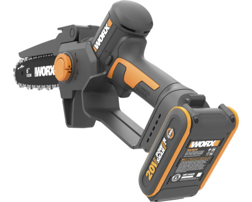 Worx Akku-Einhand-Astsäge in Schwarz und Orange mit 20 Volt Akku und 15 Zentimeter Schwertlänge.