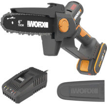 Worx 20V Akku-Einhand-Kettensäge mit 15 cm Schwert, inklusive Akku, Ladegerät und Kettenschutz.